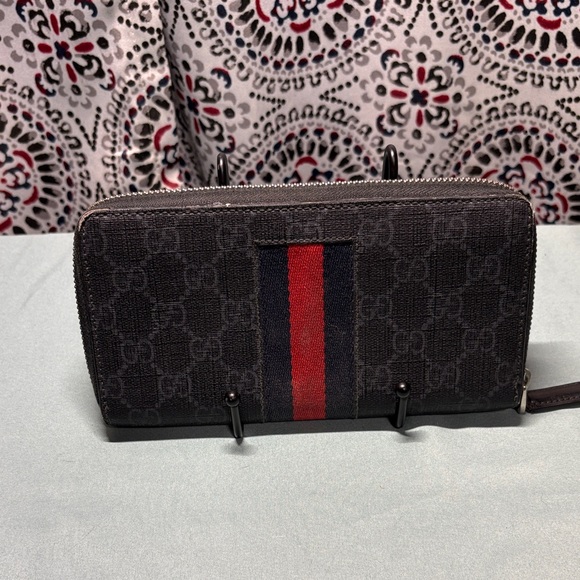 Gucci GG Supreme Web Zip Around Wallet Black Grey Blue Red Stripe GUC - Picture 3 of 12